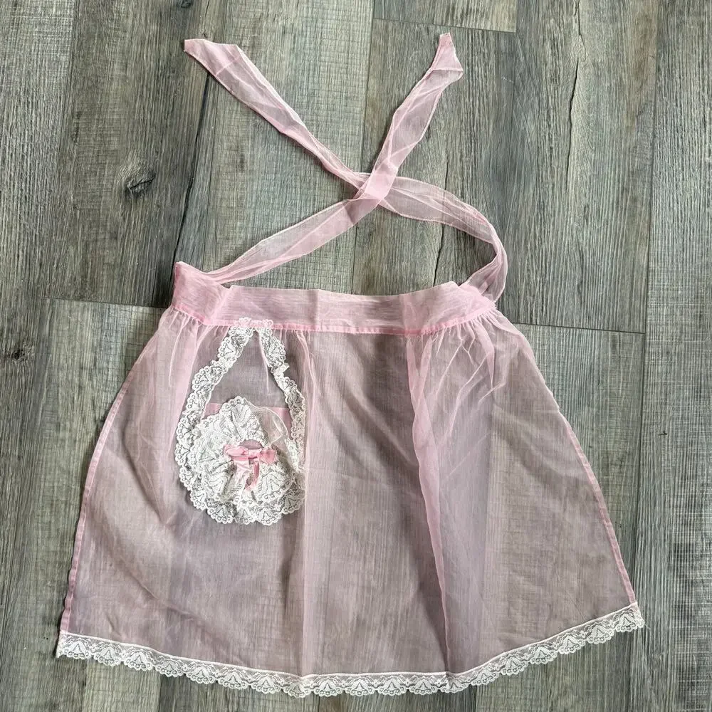 Vtg Hostess Half Apron Sheer Pink MCM 50s Pocket Retro Tie Trad Cottage Lace